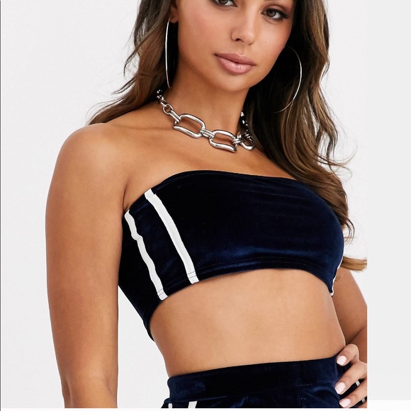 FASHIONKILLA Blue Velour Tube Top and High Waist Flare Pant with White Stripes - Picture 4 of 13